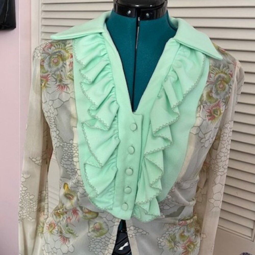 Sheer vintage 1970s blouse with sea-green ruffle